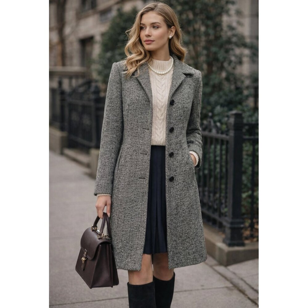 Vintage JNY 100% Pure Wool Tweed Overcoat Classic Jacket Trench Coat Gray Preppy